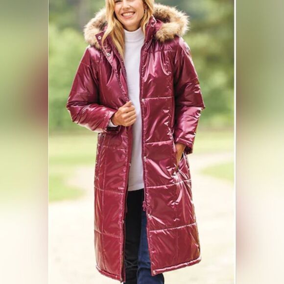 Women's Glossy Maroon Puffer Jacket - Picture 1 of 2